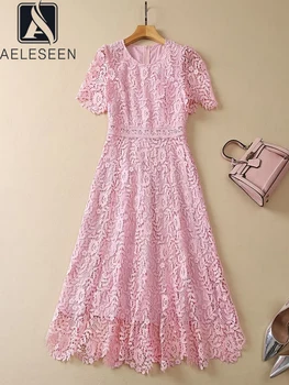 AELESEEN, висококачествено дамско дантелено рокля, подиумная мода, къс ръкав, розова бродерия на цвете, Елегантна дълга ваканция