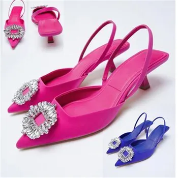 2023 Нова дамски обувки с остри пръсти, розови обувки с диаманти, женски обувки с джапанки на ниски токчета отзад