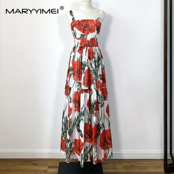MARYYIMEI / Модно дамско коприна рокля с флорални принтом, копринени рокли за почивка на плажа