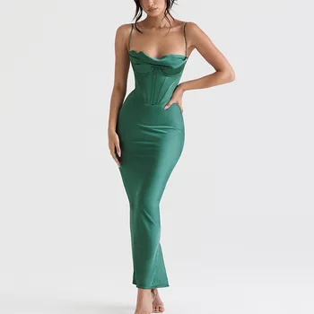 Сексуалното атласное рокля с яка във формата на риба кост, плиссированная дълга пола с завязками, елегантна лятна рокля за жените
