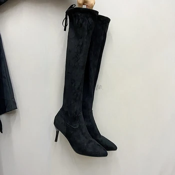 Есенно-зимни обувки, женски висококачествени топли зимни ботуши над коляното, модни дамски обувки на тънък висок ток с остър пръсти, тънки високи обувки