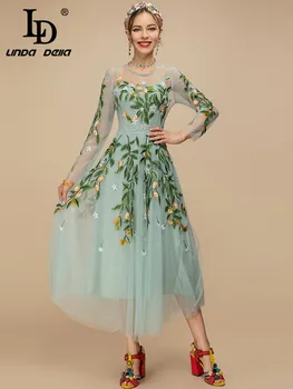 LD LINDA DELLA 2023 Лятото дизайнерско една модерна Женствена рокля с дълъг ръкав и цветна бродерия, сетчатое празнично винтажное рокля midi