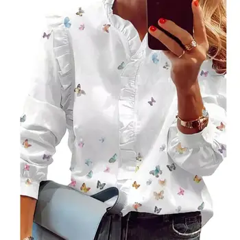 Дамски ежедневни риза с винтажным цветисти принтом, яка-часова, V-образно деколте дамски пролетно риза, свободен топ за пътуване до работа в стил Ol, мек дишащ