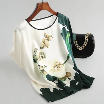 Модерна блуза с флорални принтом пуловер дамски копринени сатен блузи големи размери с ръкав 