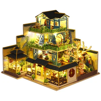 Направи си сам дървени куклени къщи миниатюрен строителен комплект китайската архитектура Куклена къща с мебели Вила играчки за възрастни, подаръци за рожден ден