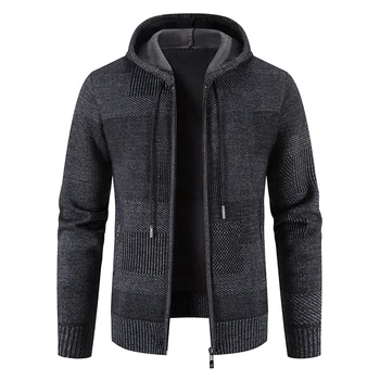 Мъжки студен зимен пуловер, яке, нова жилетка с качулка, вязаный модерен оборудвана дебела топла жилетка, ежедневни руното яке с качулка с цип