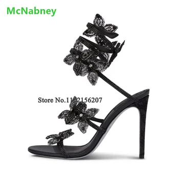 Цветя, луксозен дизайн, дамски сандали на тънък висок ток, 2023, пикантни елегантна лятна обувки с каишка на щиколотке, за подиум