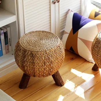 Кръгла скамеечка за краката от ратан ръчно изработени в селски стил, домакински богат на функции дървена 3-вземе подножието преносима ракита оттоманка за краката, удобен подарък