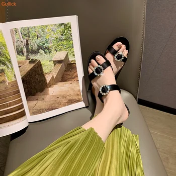 Сандали без обков с кристали, чехли, с една дума, сатен обувки на плоска подметка с кръгло бомбе, 2023 летни дамски ежедневни сандали