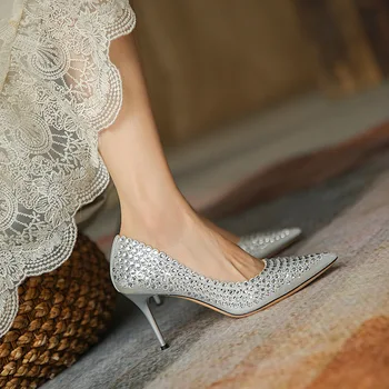 Есенни нови сватбени обувки на висок ток-висок ток с декорация във формата на кристали, с кристали, с остри пръсти, за банкет, пикантни универсална дамски обувки