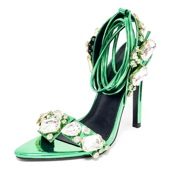 Луксозни, с кристалалми и диаманти, чубрица сандали с преминаването каишка и позлатени дамски сандали на висок ток, за парти в нощен клуб, сватбени обувки с отворени пръсти на голям размер на 35 ~ 42