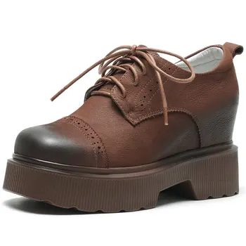 Дамски обувки Martin от естествена кожа, дантела, увеличаване на растежа, дамски обувки-лодка на платформа и висок ток, с кръгло бомбе, ежедневни обувки