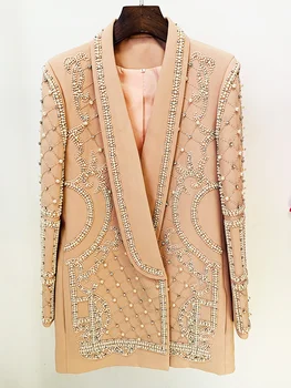 Луксозно яке с перли и диаманти, расшитая мъниста, дамски пролетно облекло 2023, розово сако, дамско палто с дълъг ръкав