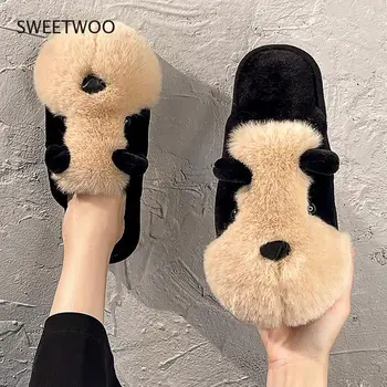 Мъжки Дамски кожени домашни чехли, памучен топло обувки, сладка двойка космати зимни тапочек с анимационни кученце в стаята на спалнята