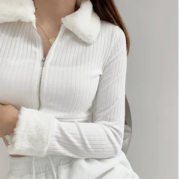 2023 Модерен кожа яка, дълъг ръкав, тънък вязаный жилетка, обикновен пуловер с цип с дърворезба, с отворен пъпа, Khz3