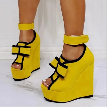 Жълт замшевая обувки на танкетке на висока платформа с отворени пръсти, кука на щиколотке, папийонка отпред, които нарастване ежедневни обувки, голям размер на 45