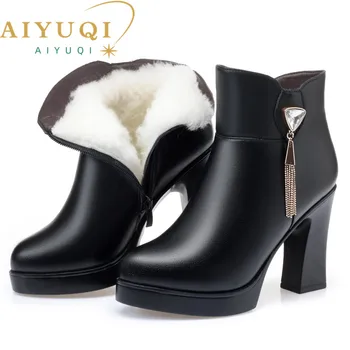 AIYUQI/новост 2023 г.; зимни топли вълнени ботильоны; дамски обувки от естествена вълна с висок ток; модни дамски банкетни обувки с мъниста;