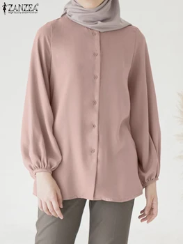 2023 ZANZEA мюсюлманска блуза Елегантна дамска риза с дълъг ръкав копчета Мода есен ежедневни Абая. → Блузы обикновена върховете OL