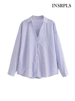 INSRPLS / дамски модни риза с ивици оверсайз, реколта дамски блузи с дълъг ръкав и копчета отпред, шик върховете