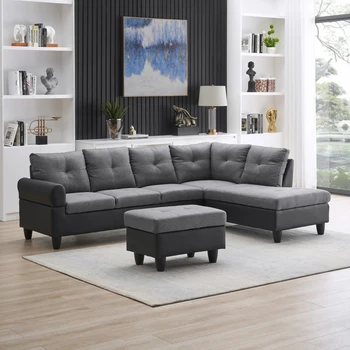 Разтегателен диван в хола, европейският ъглов диван L-образна форма, шезлонг, масичка за кафе в спалнята и обекти за съхранение, голям офис декор