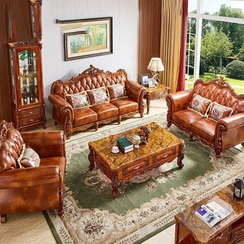 Кожен диван от масивно дърво в американски стил, кожен диван в европейски стил, с кожени мебели за дневна на първия етаж, доставка на поща за къща