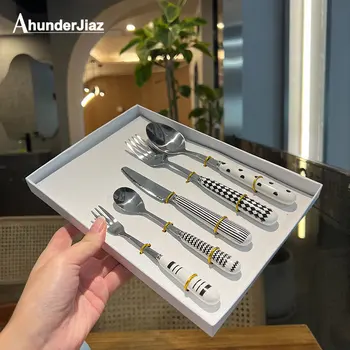 AhunderJiaz 5 броя/1 комплект, комплект ножове, вилици и лъжици от неръждаема стомана в скандинавски стил, комплект кухненски съдове за дома с керамична дръжка