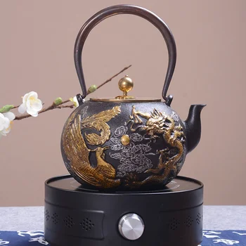 Железен чайник с бисери на операта на дракон и Феникс, японски ретро-машина за заваряване на чай, чай набор от кунг-фу, без покритие