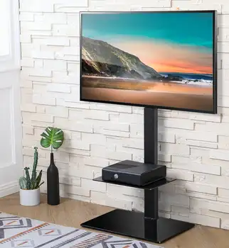 Регулируема на височина, черна подова стойка за телевизори с диагонал на екрана до 60 