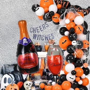 Комплект калници от латекс балони за Хелоуин, черна бутилка вино, чаша вино, верига от фолио, украса за парти на Хелоуин, бебешки играчки за рожден ден