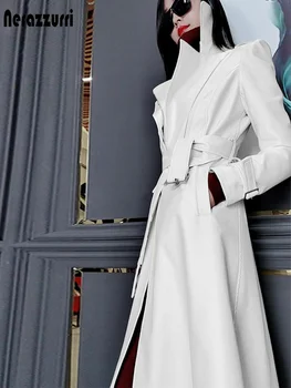 Нерадзурри Пролетта подиумный бял дълъг кожен тренч за жени с дълъг ръкав, луксозни модни дамски палта, дизайнер