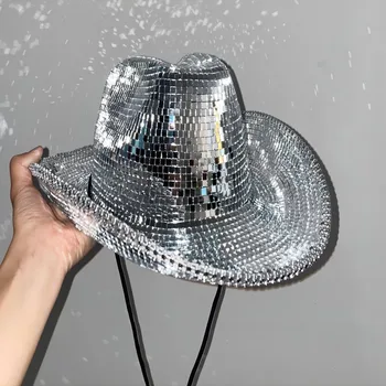 Ковбойская шапка с диско-топка, ръчно изработени от огледално стъкло ковбойская шапка подходяща за партита, шоу програми, рейва, модни шапки, шапки за партита