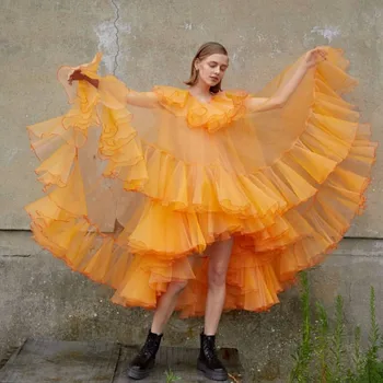 Оранжевото Женствена рокля от Много Буен Тюл, Прозрачно С Пищни Ръкави, Диференцирани Рокля Birdhda, Високи И Ниски Вечерни Рокли От Тюл С Рюшами