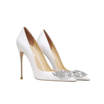 Дамски обувки-лодки, пикантни луксозна марка дамски обувки, перлени кристали, сватбени обувки в бяло ток с остър пръсти, елегантни дамски обувки 8-10