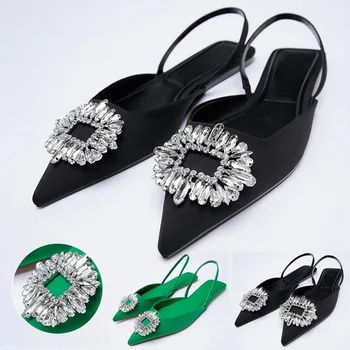 луксозни дамски сандали 2022, летни дамски сандали на ток, мюли, модни дамски сандали на равна подметка с остри пръсти и кристали, сандали големи размери