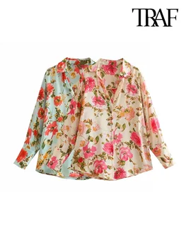 ТРАФИКА / дамски модни свободни сатенени ризи с флорални принтом, реколта дамски блузи с дълъг ръкав и копчета отпред, шик върховете