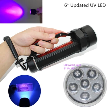 Актуализиран ултравиолетово фенерче за гмуркане 6 x uv UV светодиоди, Водоустойчив подводен фенер за гмуркане за търсене на скорпион / кехлибарен