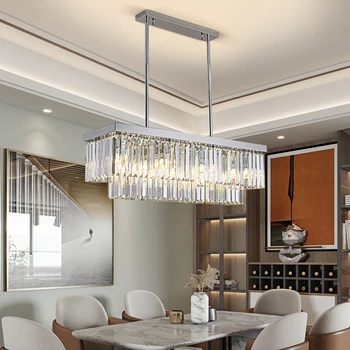 Правоъгълна хромирани златен полилей за трапезария спални, led кристални кухненски полилей, луксозна окачена лампа, Модерен сребърен светлина 2023