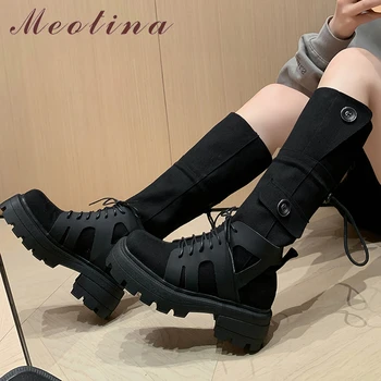 Meotina / Женски ботфорты над коляното на платформата с кръгло бомбе, в гъст средно ток, дантела, в стил пънк, дамски модни обувки, есен-зима
