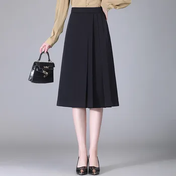 Жена Плиссированное рокля със средна дължина, в Ретро стил, Черен на цвят, с висока Талия, Пролетно-Есенен Комплект на Академик стил, Пола Трапецовидна форма, за жени, по-Големи Размери