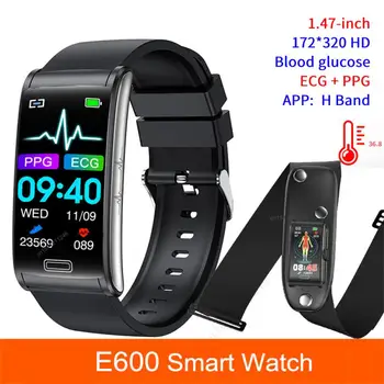 Смарт часовници E600 неинвазивен нивото на глюкоза в кръвта, сърдечната честота кръвно налягане, ЕКГ температурен монитор HD екран, водоустойчив спортен часовник