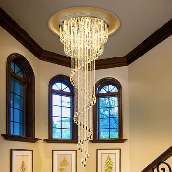 Модерна двойна вита стълба, кристален таван полилей в стил loft, ресторант, фоайе на хотела, дълги тела осветление