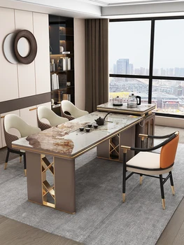 Лесен луксозен чай на маса в стила рок, модерен офис чай 2,5 м, 5 големи прости чаени маси и комбинация от стола.