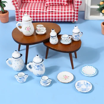Умален модел на хранене и игри керамичен Джобен комплект чаени чаши, Прибори кухненски чайник играчки със собствените си ръце Аксесоари за куклата къща Мащаб 1: 12