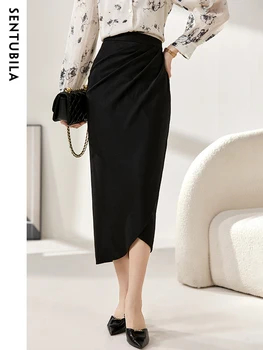 Sentubila Елегантна черна пола midi за жени 2023, лятна мода, базови офис женски асиметрични поли с рюшами, дамски дрехи